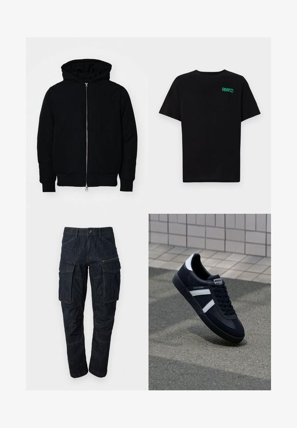 Chaqueta negra con capucha, cierre frontal, bolsillo tipo canguro, y puños y dobladillo acanalados, exhibida sobre un fondo blanco liso.; Camiseta negra de algodón con mangas cortas. Presenta un logo verde "ROOTS" en el frente, escote redondo y corte estándar.; Pantalones cargo de mezclilla azul oscuro con múltiples bolsillos, un bolsillo con cremallera y un diseño de pierna recta. Tejido resistente con detalles de costura visibles.; Zapatilla de cuero negra con rayas blancas, suela de goma texturizada y parte frontal con cordones. Cuenta con una etiqueta de marca en la lengüeta.