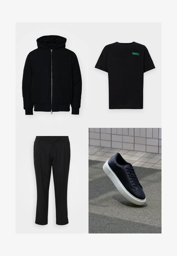 Black hooded jacket with front zipper, kangaroo pocket, ribbed cuffs, and hem, displayed on a plain white background.; Black t-shirt made of cotton with short sleeves. Features a green "ROOTS" logo on the front, round neckline, and standard fit.; Black tailored trousers with a straight leg design. Made of a smooth fabric, featuring a button closure and two front pockets.; Black leather sneaker with rounded toe and white rubber sole. Features flat laces and minimal stitching on the upper. Textured sole for grip.