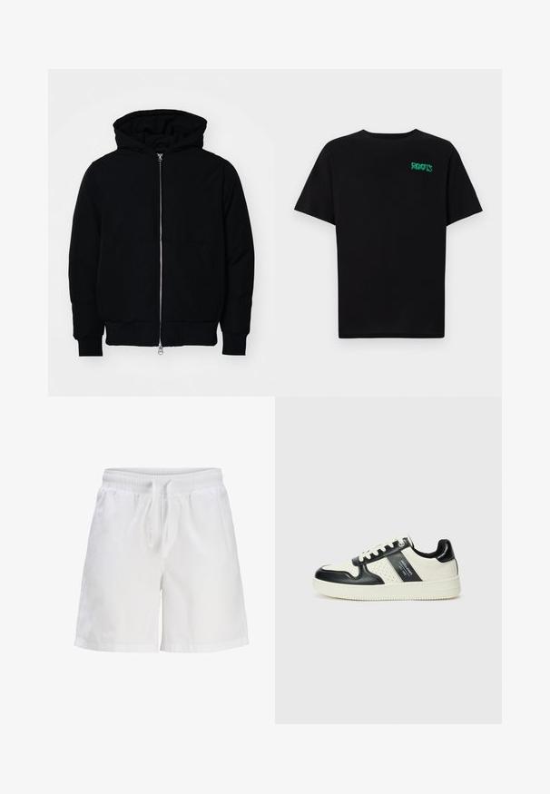 Veste à capuche noire avec fermeture éclair sur le devant, poche kangourou, poignets et ourlet côtelés, présentée sur un fond blanc uni.; T-shirt noir en coton à manches courtes. Présente un logo "ROOTS" vert sur le devant, un col rond et une coupe standard.; Shorts en coton blancs avec une taille élastique et un cordon de serrage. Présentent une coupe décontractée et des poches latérales.; Baskets en cuir avec un schéma de couleurs noir et crème, dotées d'accents perforés, d'un col rembourré et d'une semelle texturée.