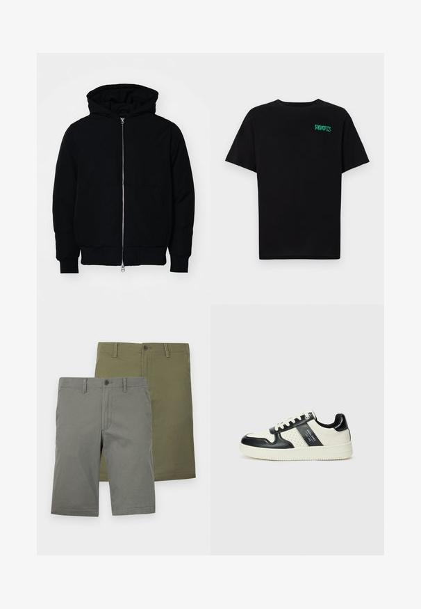 Fekete kapucnis dzseki elülső cipzárral, kenguruzsebbel, bordázott mandzsettákkal és aba, egy sima fehér háttér előtt.; Fekete, pamutból készült póló rövid ujjakkal. Elöl zöld "ROOTS" logóval, kerek nyakkivágással és normál szabással.; Két pár zöld és olivaszínű sort. Mindkettő sima felületű, gombos záródással és lapos elejű kialakítással rendelkezik. Nincs látható minta.; Fekete és krém színű bőrsneaker, perforált díszítésekkel, párnázott bokapánttal és texturált talppal.