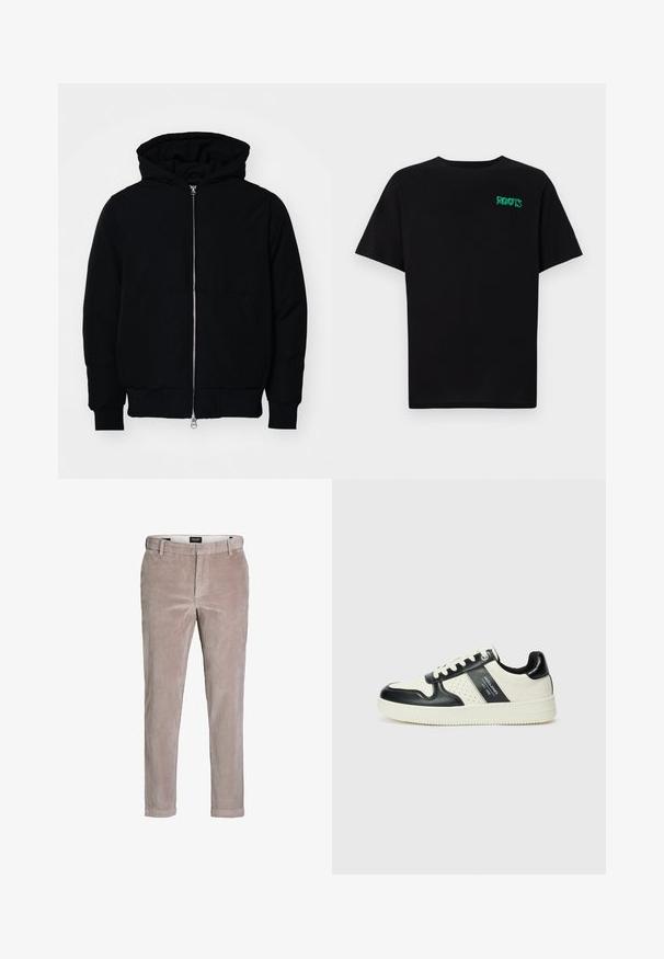 Crna kapuška jakna s prednjim zatvaračem, kenguru džepom, rebrastim manžetama i rubom, prikazana na običnoj bijeloj pozadini.; Crna majica kratkih rukava od pamuka. Na prednjem dijelu se nalazi zeleni "ROOTS" logo, okrugli izrez i standardni kroj.; Svijetlosmeđi uski čarape od kordura s kopčanjem na gumbe i petljama za remen, namijenjene za ležerno ili polu-formalno nošenje.; Kožne tenisice s crno-bijelom paletom boja, koje imaju perforirane akcentne detalje, podstavljeni ovratnik i teksturiranu potplat.
