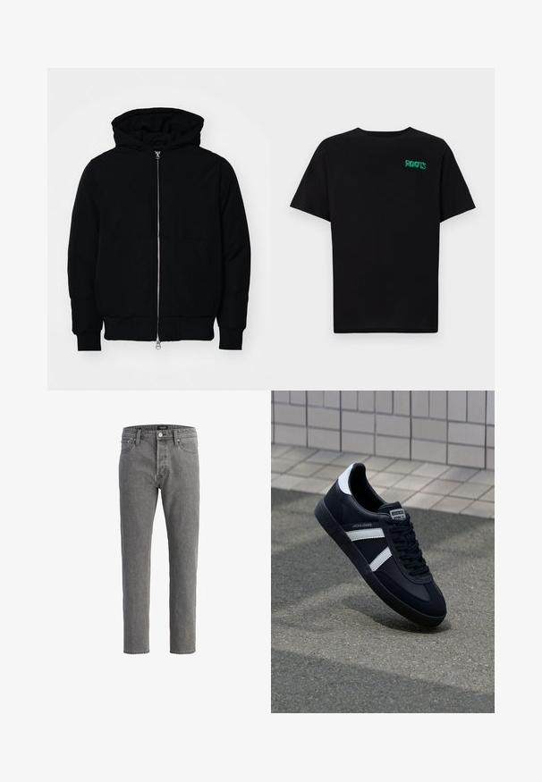 Chaqueta negra con capucha, cierre frontal, bolsillo tipo canguro, y puños y dobladillo acanalados, exhibida sobre un fondo blanco liso.; Camiseta negra de algodón con mangas cortas. Presenta un logo verde "ROOTS" en el frente, escote redondo y corte estándar.; Vaqueros de mezclilla gris con corte recto, diseño de cinco bolsillos y cierre de botón metálico. La tela tiene un acabado suave y texturizado.; Zapatilla de cuero negra con rayas blancas, suela de goma texturizada y parte frontal con cordones. Cuenta con una etiqueta de marca en la lengüeta.