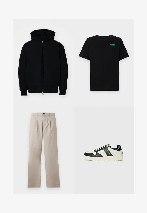 Mustaga kapuutsiga jakk, millel on esineed, kenguru tasku, soonikkoes, ja alläär, esitatud lihtsal valgel taustal.; Must t-särk, mis on valmistatud puuvillast, lühikeste varrukatega. Esipaneelil on roheline "ROOTS" logo, ümmargune kaelus ja tavapärane lõige.; Bež püksid otse säärega, millel on üks volang, neli taskut ja eesmine nööp sulgemiseks, valmistatud kergest puuvillast kangast.; Nahatud nahkkingad musta ja kreemi värviskeemiga, millel on perforeeritud aktsendid, pehme krae ja tekstureeritud tallad.