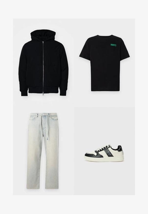 Svart hettejakke med frontglidelås, kengurulomme, ribbestrikket mansjetter og søm, vist på en ensfarget hvit bakgrunn.; svart t-skjorte laget av bomull med korte ermer. Har et grønt "ROOTS"-logo på forsiden, rund halsutringning og standard passform.; Lys blå denimjeans med en avslappet passform, snorstrikk i livet, subtilt falmet tekstur og rette ben. Har klassiske lommer og sømmer.; Lædersneakers med sort og creme farveskema, der har perforerede detaljer, en polstret krave og en struktureret ydersål.