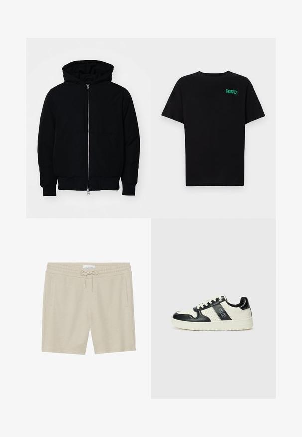 Giacca nera con cappuccio, dotata di zip frontale, tasca a marsupio, polsini e orlo a coste, esposta su uno sfondo bianco semplice.; T-shirt nera in cotone con maniche corte. Presenta un logo verde "ROOTS" sulla parte frontale, colletto rotondo e vestibilità standard.; Pantaloni corti color khaki realizzati in tessuto morbido, con vita con coulisse, due tasche laterali e una vestibilità comoda.; Sneakers in pelle con una combinazione di colori nero e crema, dotati di dettagli perforati, collare imbottito e suola testurizzata.