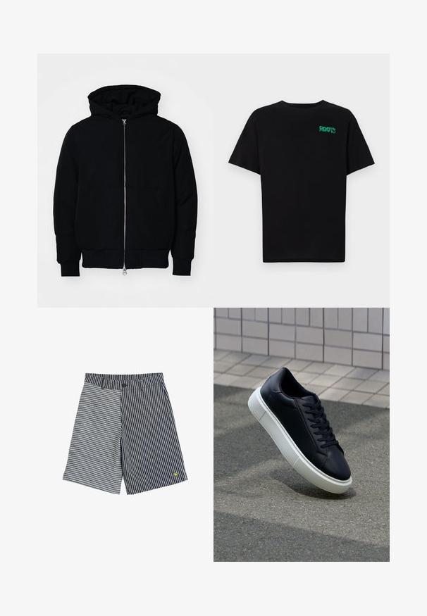 Chaqueta negra con capucha, cierre frontal, bolsillo tipo canguro, y puños y dobladillo acanalados, exhibida sobre un fondo blanco liso.; Camiseta negra de algodón con mangas cortas. Presenta un logo verde "ROOTS" en el frente, escote redondo y corte estándar.; Pantalones cortos a rayas en azul marino y blanco con cierre de botón, presentando rayas diagonales en contraste y un pequeño logo amarillo en la parte inferior derecha.; Zapatilla de cuero negro con punta redonda y suela de goma blanca. Presenta cordones planos y un mínimo de costuras en la parte superior. Suela texturizada para proporcionar agarre.