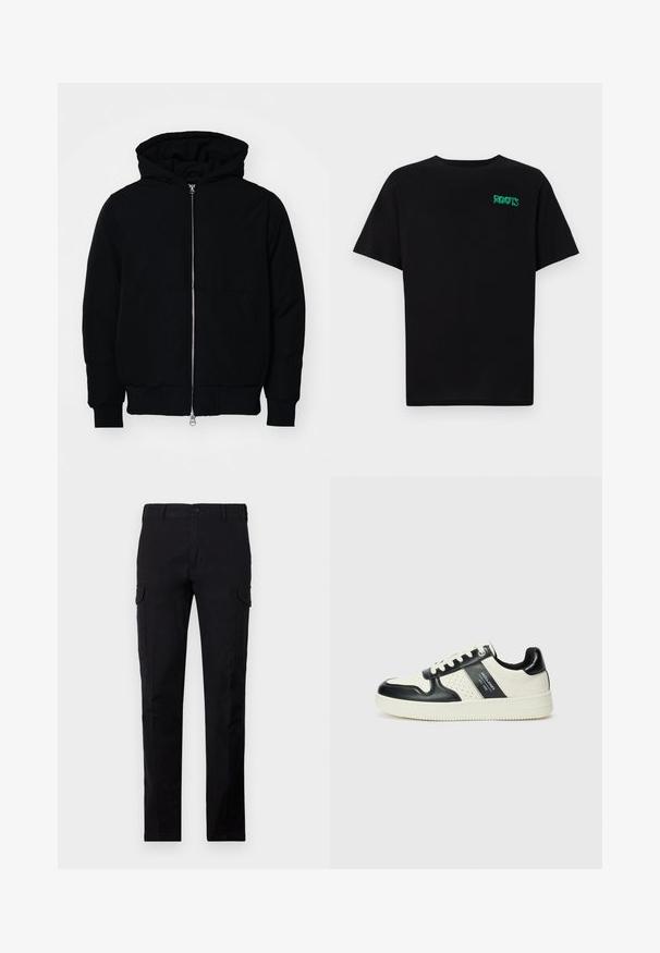 Black hooded jacket with front zipper, kangaroo pocket, ribbed cuffs, and hem, displayed on a plain white background.; Black t-shirt made of cotton with short sleeves. Features a green "ROOTS" logo on the front, round neckline, and standard fit.; Black cargo pants made of sturdy fabric, featuring a regular fit, button closure, and two side cargo pockets. Plain texture with no patterns.; Leather sneakers with a black and cream color scheme, featuring perforated accents, a padded collar, and a textured outsole.