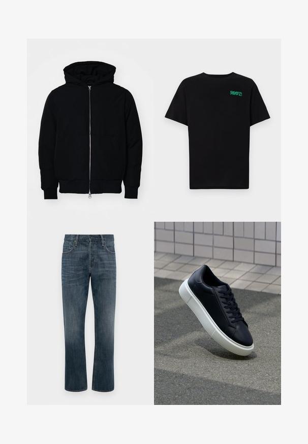 Črna kapuca jakna s sprednjim zadrgo, kenguru žepom, rebrastimi manšetami in hemom, razstavljena na enostavni beli ozadju.; Črna majica iz bombaža z kratkimi rokavi. Na sprednji strani ima zeleno logotip "ROOTS", okroglo ovratnico in standardno prileganje.; Temno modre kavbojke z ravnim slogom, zasnova s petimi žepi, spredaj s gumbom za zapiranje in vidnimi šivi.; Črne usnjene superge z zaobljenim prstom in belim gumijastim podplat. Imajo ravne vezalke in minimalno šivanje na zgornjem delu. Teksturirani podplat za oprijem.