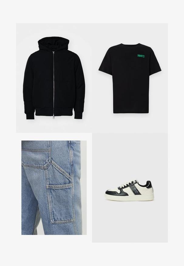 Crna kapuška jakna s prednjim zatvaračem, kenguru džepom, rebrastim manžetama i rubom, prikazana na običnoj bijeloj pozadini.; Crna majica kratkih rukava od pamuka. Na prednjem dijelu se nalazi zeleni "ROOTS" logo, okrugli izrez i standardni kroj.; Svijetloplave traper cargo hlače imaju veliki bočni džep, suptilne šavove i opušteni kroj s blago teksturiranim finišom.; Kožne tenisice s crno-bijelom paletom boja, koje imaju perforirane akcentne detalje, podstavljeni ovratnik i teksturiranu potplat.