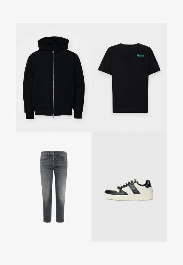 Mustaga kapuutsiga jakk, millel on esineed, kenguru tasku, soonikkoes, ja alläär, esitatud lihtsal valgel taustal.; Must t-särk, mis on valmistatud puuvillast, lühikeste varrukatega. Esipaneelil on roheline "ROOTS" logo, ümmargune kaelus ja tavapärane lõige.; Halli teksad otse lõikega; omavad viit taskut, kerged kulumis jäljed ja pleekinud viimistlus. Sulgemiseks on nupud ja tõmblukk.; Nahatud nahkkingad musta ja kreemi värviskeemiga, millel on perforeeritud aktsendid, pehme krae ja tekstureeritud tallad.