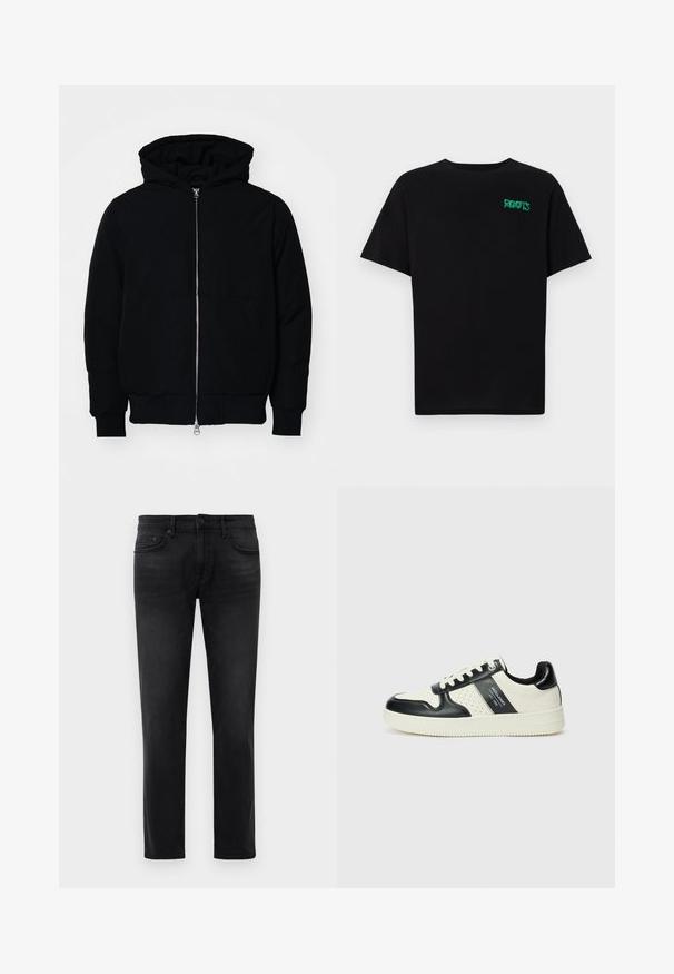 Black hooded jacket with front zipper, kangaroo pocket, ribbed cuffs, and hem, displayed on a plain white background.; Black t-shirt made of cotton with short sleeves. Features a green "ROOTS" logo on the front, round neckline, and standard fit.; Black slim-fit jeans with five pockets, belt loops, and button closure, laid flat against a white background.; Leather sneakers with a black and cream color scheme, featuring perforated accents, a padded collar, and a textured outsole.
