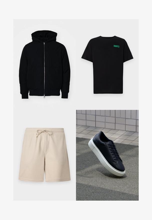 Schwarze Kapuzenjacke mit Frontreißverschluss, Kängurutasche, gerippten Bündchen und Saum, auf einem schlichten weißen Hintergrund präsentiert.; Schwarzes T-Shirt aus Baumwolle mit kurzen Ärmeln. Auf der Vorderseite befindet sich ein grünes "ROOTS"-Logo, es hat einen runden Halsauschnitt und eine normale Passform.; Beige Shorts mit geripptem Textur, verstellbarem Bund und Seitentaschen, die ein schlichtes und funktionales Design zeigen.; Schwarze Leder-Sneaker mit runder Zehenpartie und weißer Gummisohle. Verfügt über flache Schnürsenkel und minimale Nähte im Obermaterial. Strukturiertes Sohlenprofil für besseren Halt.