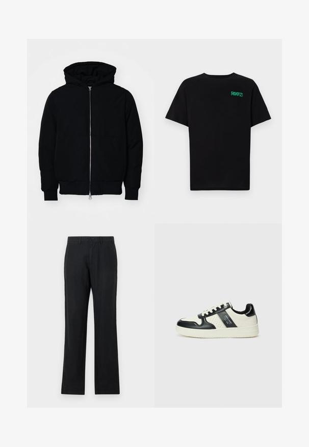 Svart huoodiejacka med framdragkedja, känguruficka, ribbade ärmslut och nederkant, uppställd mot en vit bakgrund.; Svart t-shirt i bomull med korta ärmar. Har en grön "ROOTS" logotyp på framsidan, rund halsringning och standard passform.; Svarta byxor i ett lätt material, skräddarsydd passform, raka ben, med knappstängning och framfickor. Slät textur.; Läder sneakers med en svart och krämfärgad färgsättning, med perforerade detaljer, en vadderad krage och en strukturerad yttersula.