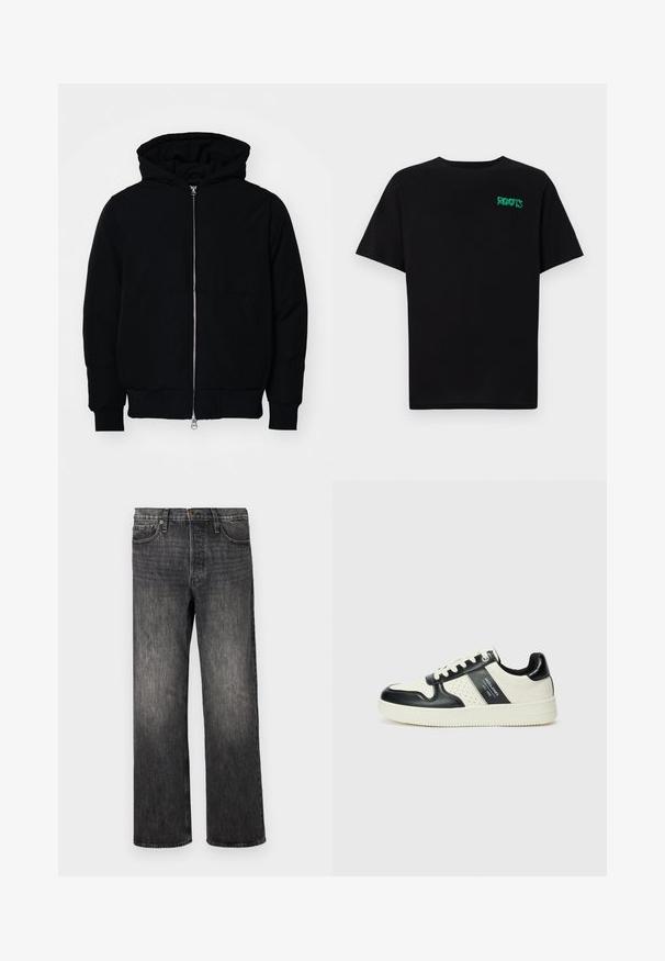 Crna kapuška jakna s prednjim zatvaračem, kenguru džepom, rebrastim manžetama i rubom, prikazana na običnoj bijeloj pozadini.; Crna majica kratkih rukava od pamuka. Na prednjem dijelu se nalazi zeleni "ROOTS" logo, okrugli izrez i standardni kroj.; Tamno sivi traperice s ravnim krojem, pet džepova, metalnom kopčom i blagim izblijedjenjem. Čist dizajn bez vidljivih uzoraka.; Kožne tenisice s crno-bijelom paletom boja, koje imaju perforirane akcentne detalje, podstavljeni ovratnik i teksturiranu potplat.