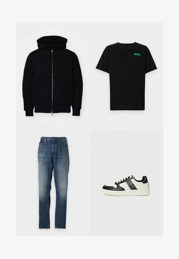 Mustat huppu-untuvatakki, jossa on vetoketju edessä, kenguru-tasku, ribatut hihansuut ja helma, esillä yksinkertaisella valkoisella taustalla.; Mustat t-paidat, jotka on valmistettu puuvillasta ja joissa on lyhyet hihat. Edessä vihreä "ROOTS"-logo, pyöreä kaula-aukko ja normaali istuvuus.; Farkut denimi, haalistuneen sinisen värin, suoran lahkeisen muotoilun, kohtuullisen kulumisen etupuolella ja klassisen viiden taskun tyylin.; Nahkakengät musta-kerma värimaailmassa, joissa on rei'itetyt yksityiskohdat, pehmustettu nilkkaosa ja teksturoitu pohja.