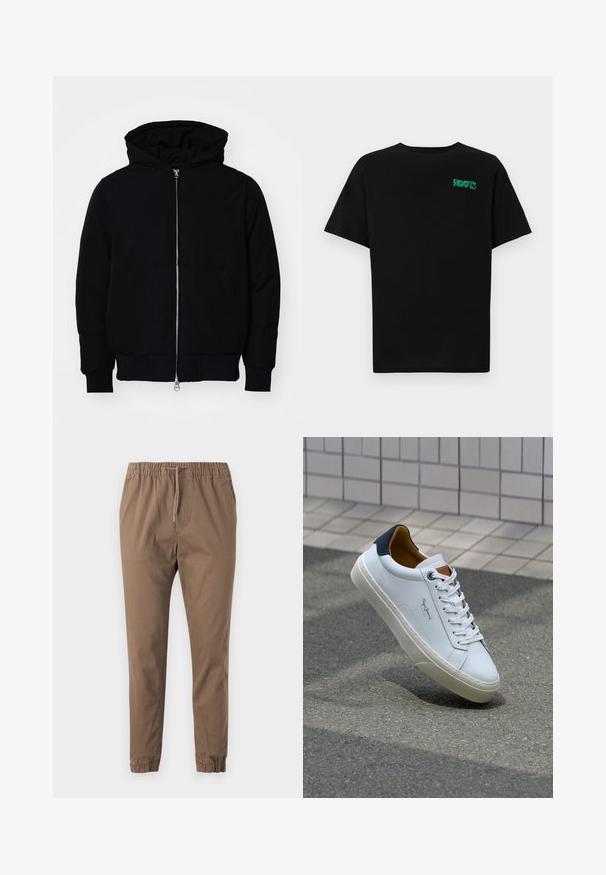 Juodas gobtuvėlis su priekiniu užtrauktuku, kengūros tipo kišene, lygiais rankogaliais ir apvadu, pateiktas ant vientiso balto fono.; Juodas medvilninis marškinėliai trumpomis rankovėmis. Priekyje yra žalias „ROOTS“ logotipas, apvalus iškirpimas ir standartinė prigludimo forma.; Rudos, elastingos kelnės su reguliuojamu raišteliu, siaurėjančiais kojų sijonais ir apvyniotais kraštais. Minkšta medžiaga su lygiu paviršiumi ir jokių matomų raštų.; Balti odiniai sportbačiai su mėlynu kulnu, apvalia nosimi ir kontrastingais rudais akcentais. Aptakios raišteliai ir tekstūruota guma.