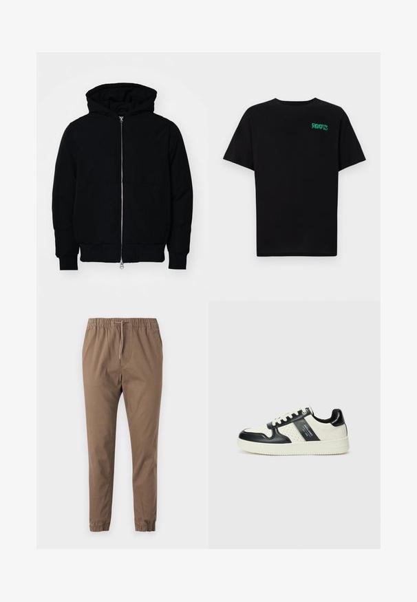 Veste à capuche noire avec fermeture éclair sur le devant, poche kangourou, poignets et ourlet côtelés, présentée sur un fond blanc uni.; T-shirt noir en coton à manches courtes. Présente un logo "ROOTS" vert sur le devant, un col rond et une coupe standard.; Pantalons bruns à taille élastique avec cordon de serrage réglable, jambes fuselées et ourlets à revers. Tissu doux avec une texture lisse et sans motifs visibles.; Baskets en cuir avec un schéma de couleurs noir et crème, dotées d'accents perforés, d'un col rembourré et d'une semelle texturée.