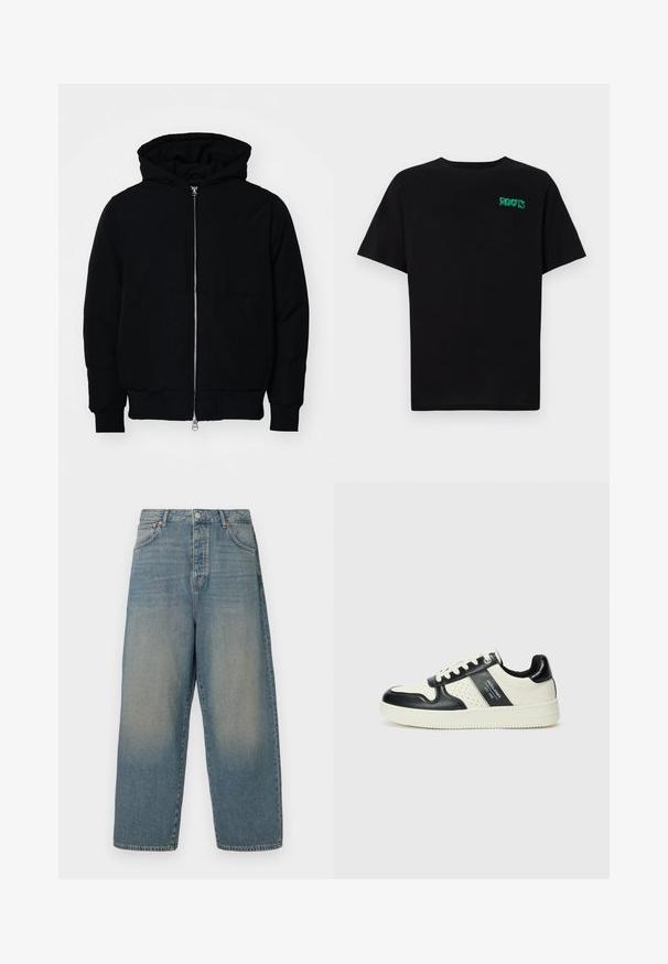 Črna kapuca jakna s sprednjim zadrgo, kenguru žepom, rebrastimi manšetami in hemom, razstavljena na enostavni beli ozadju.; Črna majica iz bombaža z kratkimi rokavi. Na sprednji strani ima zeleno logotip "ROOTS", okroglo ovratnico in standardno prileganje.; Svetlo modri jeans širšega kroja z visokim pasom, štirimi žepi in kontrastnim šivom. Gladka tekstura z zbledelim zaključkom.; Usnjeni športni čevlji z črno in krem barvno shemo, ki vključujejo perforirane dodatke, podložen ovratnik in strukturirano podplat.