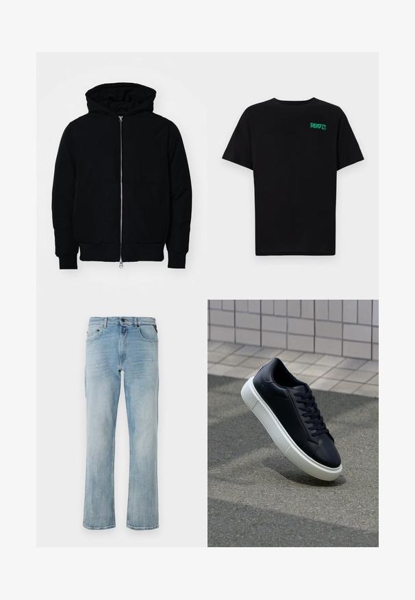 Svart hettejakke med frontglidelås, kengurulomme, ribbestrikket mansjetter og søm, vist på en ensfarget hvit bakgrunn.; svart t-skjorte laget av bomull med korte ermer. Har et grønt "ROOTS"-logo på forsiden, rund halsutringning og standard passform.; Lyseblå denimjeans med en avslappet passform, med subtile slitasjedetaljer og en klassisk femlommersdesign.; Sorte skinnsneakers med rund tå og hvit gummisåle. Har flate lisser og minimal søm på overdelen. Strukturert såle for grep.