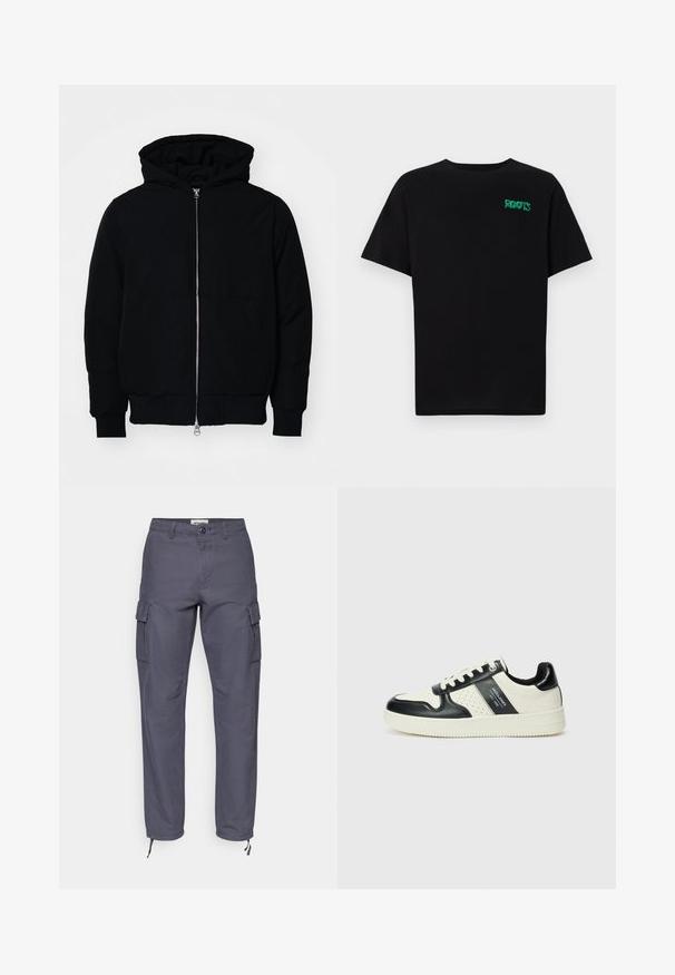 Czarna kurtka z kapturem, z suwakiem z przodu, kieszenią kangurką, ściągaczami przy mankietach i dolnym brzegu, prezentowana na jednolitym białym tle.; Czarna koszulka z bawełny z krótkim rękawem. Posiada zielone logo "ROOTS" z przodu, okrągły dekolt i standardowy krój.; Spodnie cargo w ciemnoszarym kolorze, wykonane z bawełny. Posiadają boczne kieszenie, zapięcie na guzik oraz regulowane nogawki związywane sznurkami. Prosty krój nogawki z bezszwową teksturą.; Skórzane sneakersy w czarno-kremowym schemacie kolorystycznym, z perforowanymi akcentami, wyściełanym kołnierzem i teksturowaną podeszwą.