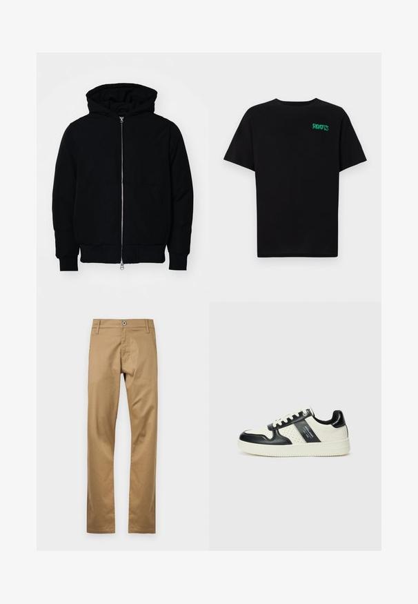 Jachetă neagră cu glugă, cu fermoar în față, buzunar tip kangaroo, mansete și tiv ribbed, prezentată pe un fundal alb simplu.; Tricou negru din bumbac, cu mâneci scurte. Prezintă un logo verde "ROOTS" pe față, guler rotund și o potrivire standard.; Pantaloni din bumbac bej cu un design drept, având închidere cu buton frontal, bucle pentru curea și buzunare laterale. Textură netedă.; Tenisi din piele cu un scheme de culori negru și crem, dotati cu accente perforate, guler căptușit și o talpă texturată.