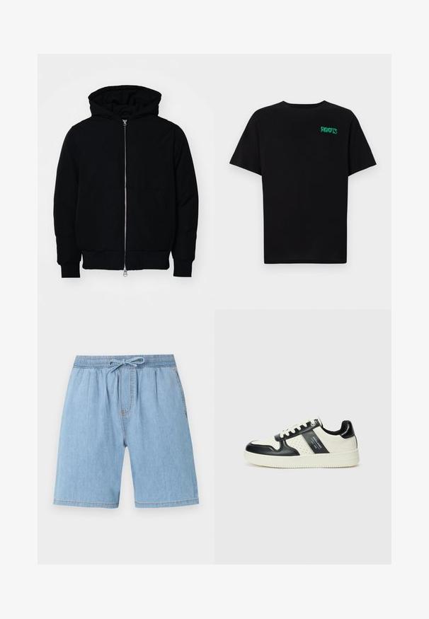 Veste à capuche noire avec fermeture éclair sur le devant, poche kangourou, poignets et ourlet côtelés, présentée sur un fond blanc uni.; T-shirt noir en coton à manches courtes. Présente un logo "ROOTS" vert sur le devant, un col rond et une coupe standard.; Shorts en jean bleu clair avec une taille élastique, fermeture à cordon, plis à l'avant et jambes droites.; Baskets en cuir avec un schéma de couleurs noir et crème, dotées d'accents perforés, d'un col rembourré et d'une semelle texturée.