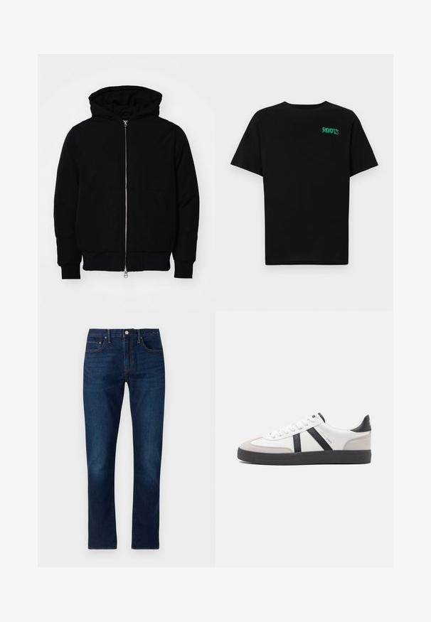 Melna kapucēta jaka ar priekšējo rāvējslēdzēju, kenguru kabatu, ribinātām aprocēm un apakšmalu, parādīta uz vienkārša balta fona.; Melna kokvilnas t-kreka ar īsām piedurknēm. Uz priekšu ir zaļa "ROOTS" logo, apaļa kakla izgriezums un standarta piegriezums.; Tumši zili džinsu bikses ar taisnu kāju griezumu. Iespējas ietver kontrastējošus šuvumus, piecus kabatas un priekšējo pogu aizdari.; Baltas sneakeris ar melniem un pelēkiem akcentiem, kuram ir teksturēts pelēks purngals, melna gumijas zole un plakanas baltas šņores. Tīrs dizains, minimālisma stils.