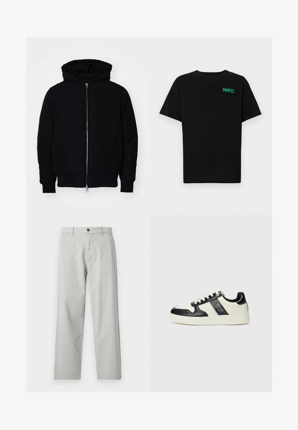 Mustat huppu-untuvatakki, jossa on vetoketju edessä, kenguru-tasku, ribatut hihansuut ja helma, esillä yksinkertaisella valkoisella taustalla.; Mustat t-paidat, jotka on valmistettu puuvillasta ja joissa on lyhyet hihat. Edessä vihreä "ROOTS"-logo, pyöreä kaula-aukko ja normaali istuvuus.; Harmaat suorat housut, jotka on valmistettu sileästä kudotusta kankaasta. Varustettu etupainonapilla ja sivutaskuilla. Minimalistinen tyyli.; Nahkakengät musta-kerma värimaailmassa, joissa on rei'itetyt yksityiskohdat, pehmustettu nilkkaosa ja teksturoitu pohja.