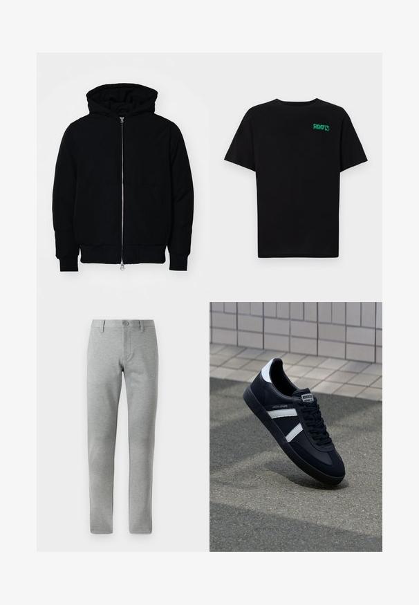 Black hooded jacket with front zipper, kangaroo pocket, ribbed cuffs, and hem, displayed on a plain white background.; Black t-shirt made of cotton with short sleeves. Features a green "ROOTS" logo on the front, round neckline, and standard fit.; Gray, straight-leg trousers made of textured fabric. Features a button closure, belt loops, and side pockets for functionality.; Black leather sneaker with white stripes, textured rubber sole, and lace-up front. Features a branded label on the tongue.