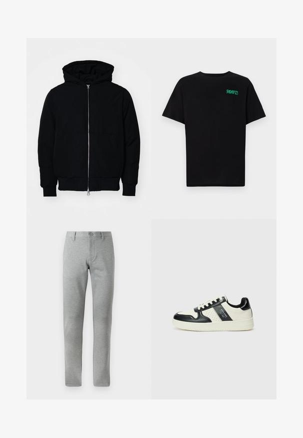 Giacca nera con cappuccio, dotata di zip frontale, tasca a marsupio, polsini e orlo a coste, esposta su uno sfondo bianco semplice.; T-shirt nera in cotone con maniche corte. Presenta un logo verde "ROOTS" sulla parte frontale, colletto rotondo e vestibilità standard.; Pantaloni grigi a gamba dritta realizzati in tessuto strutturato. Presentano una chiusura con bottone, passanti per la cintura e tasche laterali per funzionalità.; Sneakers in pelle con una combinazione di colori nero e crema, dotati di dettagli perforati, collare imbottito e suola testurizzata.