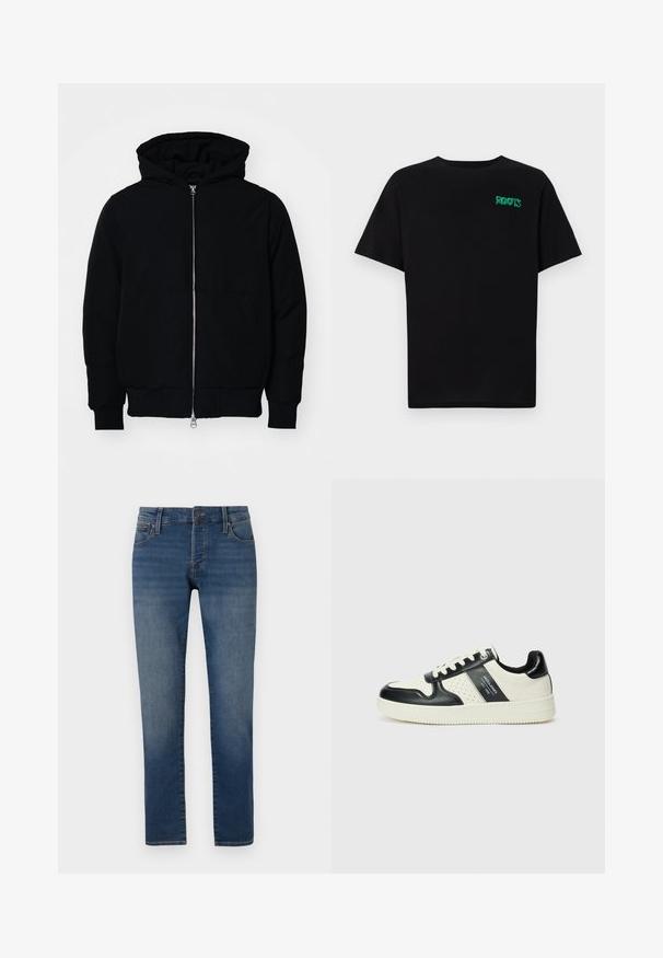 Jachetă neagră cu glugă, cu fermoar în față, buzunar tip kangaroo, mansete și tiv ribbed, prezentată pe un fundal alb simplu.; Tricou negru din bumbac, cu mâneci scurte. Prezintă un logo verde "ROOTS" pe față, guler rotund și o potrivire standard.; Jeans albaștri slim-fit cu ușoară decolorare pe coapse, design cu cinci buzunare, închidere cu nasture și croială dreaptă pe un fundal alb.; Tenisi din piele cu un scheme de culori negru și crem, dotati cu accente perforate, guler căptușit și o talpă texturată.