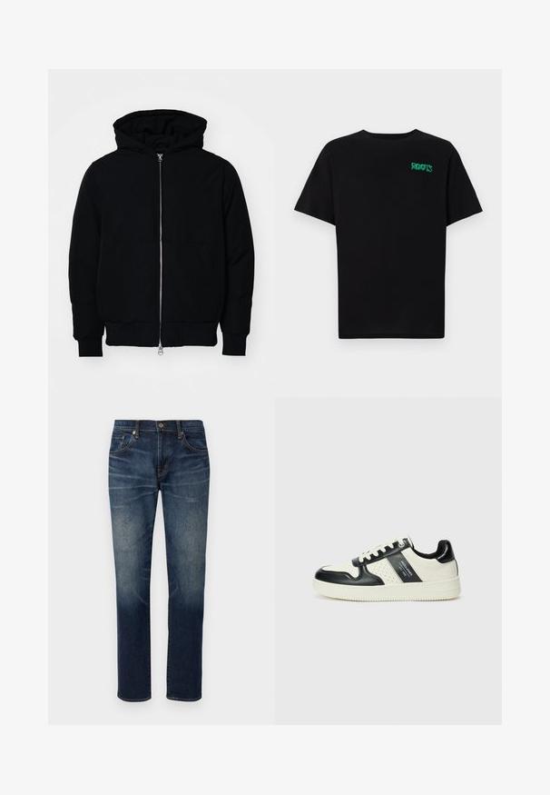 Črna kapuca jakna s sprednjim zadrgo, kenguru žepom, rebrastimi manšetami in hemom, razstavljena na enostavni beli ozadju.; Črna majica iz bombaža z kratkimi rokavi. Na sprednji strani ima zeleno logotip "ROOTS", okroglo ovratnico in standardno prileganje.; Edwin REGULAR TAPERED - Kavbojke na korenček - blue mid dark used; Usnjeni športni čevlji z črno in krem barvno shemo, ki vključujejo perforirane dodatke, podložen ovratnik in strukturirano podplat.