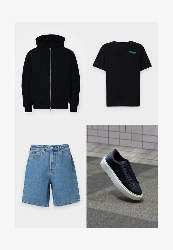 Mustaga kapuutsiga jakk, millel on esineed, kenguru tasku, soonikkoes, ja alläär, esitatud lihtsal valgel taustal.; Must t-särk, mis on valmistatud puuvillast, lühikeste varrukatega. Esipaneelil on roheline "ROOTS" logo, ümmargune kaelus ja tavapärane lõige.; Heledsinised denim lühikesed püksid kõrge vöökohaga, viie taskuga disain, õmmeldud ääred ja metallist nööp kinnitusega. Klassikalise viimistlusega tekstuur.; Mustast nahast tennisetoss, millel on ümar nina ja valge kummist tall. Omab siredaid paelu ja minimaalset õmblemist ülemises osas. Tekstuuriga tald, mis tagab haakuvuse.