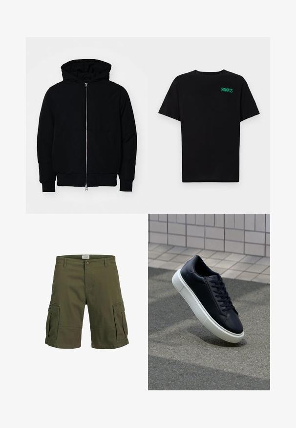 Mustat huppu-untuvatakki, jossa on vetoketju edessä, kenguru-tasku, ribatut hihansuut ja helma, esillä yksinkertaisella valkoisella taustalla.; Mustat t-paidat, jotka on valmistettu puuvillasta ja joissa on lyhyet hihat. Edessä vihreä "ROOTS"-logo, pyöreä kaula-aukko ja normaali istuvuus.; Oliivinvihreät cargo-shortsit, jotka on valmistettu puuvillasta. Valmistuksessa on kaksi suurta sivutaskua, nappikiinnitys ja suora leikkaus.; Mustat nahkakengät, joissa on pyöristetty kärki ja valkoinen kumipohja. Varusteena litteät nauhat ja minimaalinen ommel ylhäällä. Teksturoitu pohja pitävyyden lisäämiseksi.
