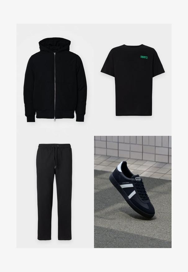 Melna kapucēta jaka ar priekšējo rāvējslēdzēju, kenguru kabatu, ribinātām aprocēm un apakšmalu, parādīta uz vienkārša balta fona.; Melna kokvilnas t-kreka ar īsām piedurknēm. Uz priekšu ir zaļa "ROOTS" logo, apaļa kakla izgriezums un standarta piegriezums.; Melnas svītrainās bikses, izgatavotas no mīksta auduma, ar elastīgu jostasvīru un regulējamu auklu, sānu kabatām un taisno kāju dizainu.; Melnā ādas sporta apavi ar baltām svītrām, teksturēta gumijas zole un auklu aizdare. Iekļauj zīmola etiķeti uz mēles.