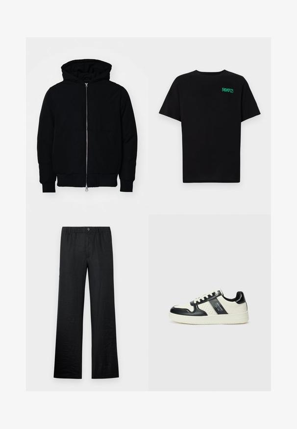 Chaqueta negra con capucha, cierre frontal, bolsillo tipo canguro, y puños y dobladillo acanalados, exhibida sobre un fondo blanco liso.; Camiseta negra de algodón con mangas cortas. Presenta un logo verde "ROOTS" en el frente, escote redondo y corte estándar.; Pantalones de lino negros con un corte relajado, que cuentan con una cintura elástica y un detalle de botón, mostrando una textura suave y un diseño de pierna ancha.; Zapatillas de cuero con un esquema de colores negro y crema, que cuentan con acentos perforados, un collar acolchado y una suela texturizada.