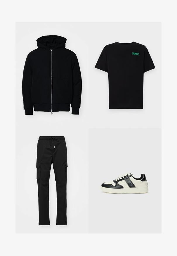 Mustaga kapuutsiga jakk, millel on esineed, kenguru tasku, soonikkoes, ja alläär, esitatud lihtsal valgel taustal.; Must t-särk, mis on valmistatud puuvillast, lühikeste varrukatega. Esipaneelil on roheline "ROOTS" logo, ümmargune kaelus ja tavapärane lõige.; Mustad mustad püksid, mis on valmistatud siledast kangast, elastse vöökoha ja nööriga, küljetaskud ning kaarditaskud mõlemal jalal.; Nahatud nahkkingad musta ja kreemi värviskeemiga, millel on perforeeritud aktsendid, pehme krae ja tekstureeritud tallad.