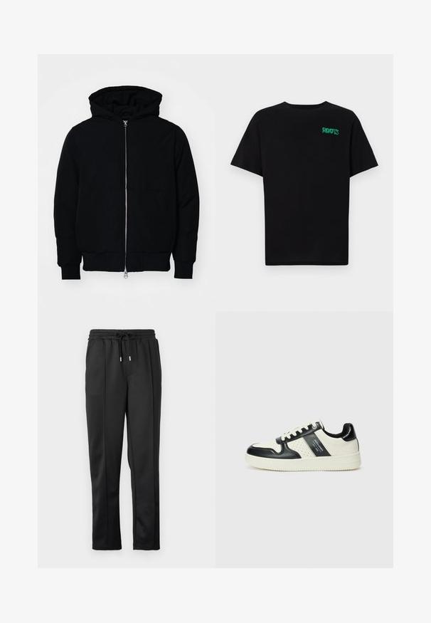 Czarna kurtka z kapturem, z suwakiem z przodu, kieszenią kangurką, ściągaczami przy mankietach i dolnym brzegu, prezentowana na jednolitym białym tle.; Czarna koszulka z bawełny z krótkim rękawem. Posiada zielone logo "ROOTS" z przodu, okrągły dekolt i standardowy krój.; Czarne dresy z elastycznym paskiem na sznurki w talii, elastycznymi mankietami oraz gładkim materiałem z subtelnymi detalami po bokach. Brak widocznych elementów metalowych.; Skórzane sneakersy w czarno-kremowym schemacie kolorystycznym, z perforowanymi akcentami, wyściełanym kołnierzem i teksturowaną podeszwą.