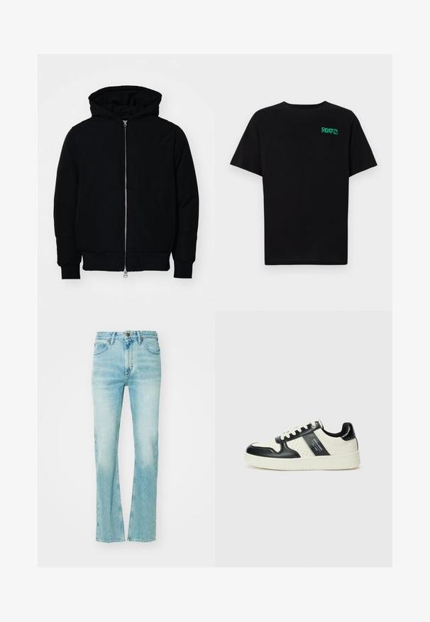 Veste à capuche noire avec fermeture éclair sur le devant, poche kangourou, poignets et ourlet côtelés, présentée sur un fond blanc uni.; T-shirt noir en coton à manches courtes. Présente un logo "ROOTS" vert sur le devant, un col rond et une coupe standard.; Jean en denim bleu clair avec une coupe droite, présentant une taille haute, des poches avant et une finition délavée. Texture usée près de l'ourlet.; Baskets en cuir avec un schéma de couleurs noir et crème, dotées d'accents perforés, d'un col rembourré et d'une semelle texturée.