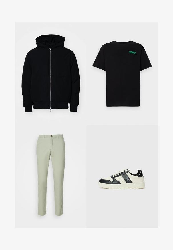 Schwarze Kapuzenjacke mit Frontreißverschluss, Kängurutasche, gerippten Bündchen und Saum, auf einem schlichten weißen Hintergrund präsentiert.; Schwarzes T-Shirt aus Baumwolle mit kurzen Ärmeln. Auf der Vorderseite befindet sich ein grünes "ROOTS"-Logo, es hat einen runden Halsauschnitt und eine normale Passform.; Jack & Jones JPSTMARCO NOOS - Chino - desert sage; Leder-Sneaker in Schwarz- und Cremetönen, mit perforierten Akzenten, einem gepolsterten Kragen und einer strukturierten Laufsohle.