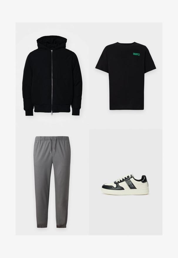 Czarna kurtka z kapturem, z suwakiem z przodu, kieszenią kangurką, ściągaczami przy mankietach i dolnym brzegu, prezentowana na jednolitym białym tle.; Czarna koszulka z bawełny z krótkim rękawem. Posiada zielone logo "ROOTS" z przodu, okrągły dekolt i standardowy krój.; Szare spodnie dresowe wykonane z miękkiego materiału, z elastyczną talią na sznurek, zwężanymi nogawkami oraz gładką teksturą.; Skórzane sneakersy w czarno-kremowym schemacie kolorystycznym, z perforowanymi akcentami, wyściełanym kołnierzem i teksturowaną podeszwą.