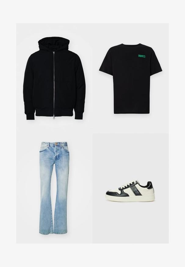 Svart huoodiejacka med framdragkedja, känguruficka, ribbade ärmslut och nederkant, uppställd mot en vit bakgrund.; Svart t-shirt i bomull med korta ärmar. Har en grön "ROOTS" logotyp på framsidan, rund halsringning och standard passform.; Ljusblå utsvängda jeans i denim med ett urtvättat utseende, framfickor, bälteshällor och en kopparknappslåsning.; Läder sneakers med en svart och krämfärgad färgsättning, med perforerade detaljer, en vadderad krage och en strukturerad yttersula.