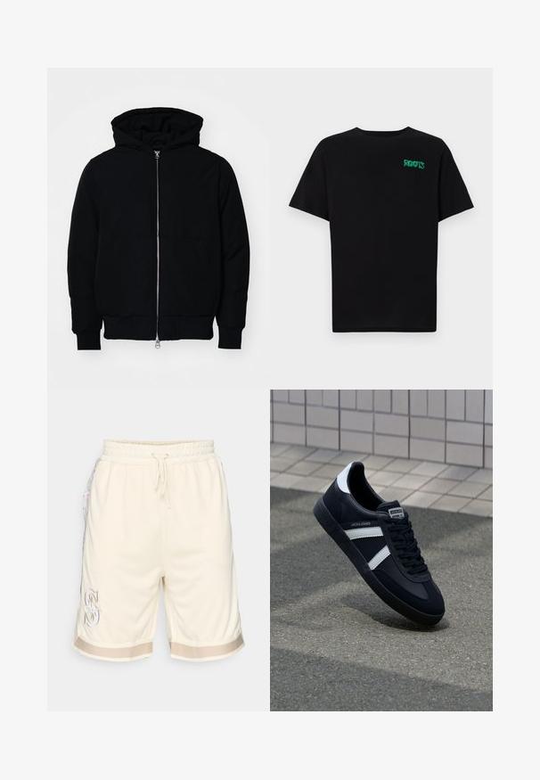 Černá kapucňová bunda s předním zipem, klokaní kapsou, vroubkovanými manžetami a spodním lemem, vystavená na čistém bílém pozadí.; Černé tričko vyrobené z bavlny s krátkým rukávem. Na přední straně se nachází zelené logo "ROOTS", kulatý výstřih a standardní střih.; Pánské krémově bílé síťované šortky s elastickým páskem, šňůrkou, bočními kapsami a květinovými akcenty. Mají kontrastní lemování.; Černé kožené tenisky s bílými pruhy, texturovanou gumovou podrážkou a šněrováním vpředu. Obsahují značenou etiketu na jazyku.