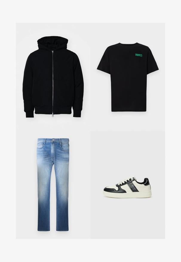 Mustaga kapuutsiga jakk, millel on esineed, kenguru tasku, soonikkoes, ja alläär, esitatud lihtsal valgel taustal.; Must t-särk, mis on valmistatud puuvillast, lühikeste varrukatega. Esipaneelil on roheline "ROOTS" logo, ümmargune kaelus ja tavapärane lõige.; Heledad sinise denim püksid, millel on pleekinud pesu, sirge sääre disain, viis taskut ja õmbluse aktsendid vöökoha ning taskute ümber.; Nahatud nahkkingad musta ja kreemi värviskeemiga, millel on perforeeritud aktsendid, pehme krae ja tekstureeritud tallad.