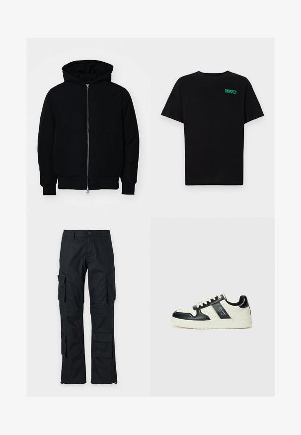 Veste à capuche noire avec fermeture éclair sur le devant, poche kangourou, poignets et ourlet côtelés, présentée sur un fond blanc uni.; T-shirt noir en coton à manches courtes. Présente un logo "ROOTS" vert sur le devant, un col rond et une coupe standard.; Pantalons cargo noirs avec plusieurs poches latérales, fermeture à bouton et ourlets aux chevilles ajustables. Fabriqués en tissu robuste et présentent un design droit.; Baskets en cuir avec un schéma de couleurs noir et crème, dotées d'accents perforés, d'un col rembourré et d'une semelle texturée.