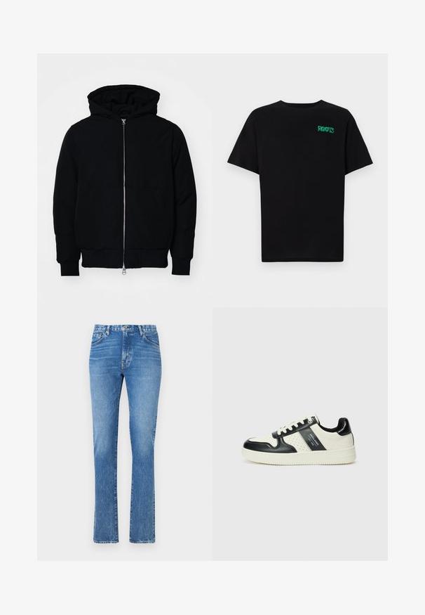 Juodas gobtuvėlis su priekiniu užtrauktuku, kengūros tipo kišene, lygiais rankogaliais ir apvadu, pateiktas ant vientiso balto fono.; Juodas medvilninis marškinėliai trumpomis rankovėmis. Priekyje yra žalias „ROOTS“ logotipas, apvalus iškirpimas ir standartinė prigludimo forma.; Šviesiai mėlynų džinsų su tiesia koja dizainu, vidutinio ūgio juosmeniu ir penkių kišenių stiliumi. Puikiai matoma siuvimo apdaila ir mygtukų uždarymas.; Odiniai sportbačiai juodos ir kreminės spalvų schemoje, su perforuotais akcentais, paminkštinta apykakle ir tekstūruotu padu.