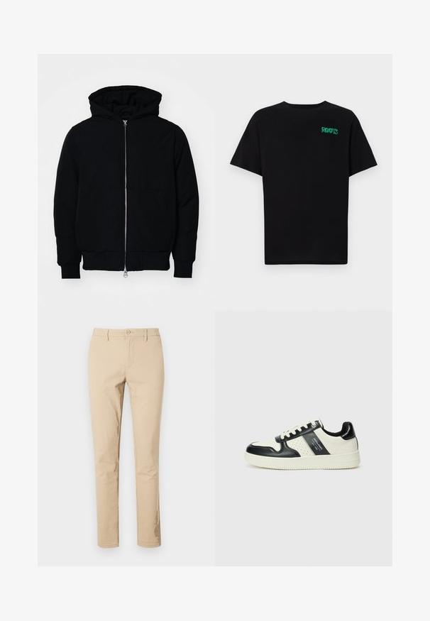 Zwarte hoodie met rits aan de voorkant, kangoeroe-pocket, geribbelde manchetten en zoom, weergegeven op een effen witte achtergrond.; Zwarte T-shirt van katoen met korte mouwen. Heeft een groen "ROOTS" logo op de voorkant, een ronde halslijn en een standaard pasvorm.; Beige katoenen broek met een klassieke pasvorm, ritssluiting met knoop, riemlussen en schone zomen. Geen zichtbare patronen of accenten.; Leren sneakers met een zwart en crèmekleurig kleurenschema, voorzien van geperforeerde accenten, een gevoerde kraag en een gestructureerde buitenzool.