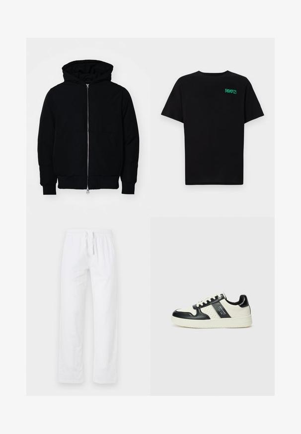 Veste à capuche noire avec fermeture éclair sur le devant, poche kangourou, poignets et ourlet côtelés, présentée sur un fond blanc uni.; T-shirt noir en coton à manches courtes. Présente un logo "ROOTS" vert sur le devant, un col rond et une coupe standard.; Pantalons en coton blancs légers, avec une taille élastique et un cordon de serrage ; présentent des jambes larges et une surface lisse et non texturée.; Baskets en cuir avec un schéma de couleurs noir et crème, dotées d'accents perforés, d'un col rembourré et d'une semelle texturée.