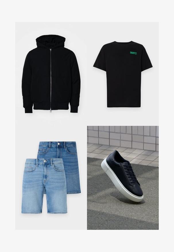 Černá kapucňová bunda s předním zipem, klokaní kapsou, vroubkovanými manžetami a spodním lemem, vystavená na čistém bílém pozadí.; Černé tričko vyrobené z bavlny s krátkým rukávem. Na přední straně se nachází zelené logo "ROOTS", kulatý výstřih a standardní střih.; Sada džínových šortek a sukně, s světlými a středními modrými odstíny, klasickým pětipocket designem a kovovými knoflíkovými detaily.; Černé kožené tenisky s kulatou špičkou a bílou gumovou podrážkou. mají ploché tkaničky a minimální šití na svršku. Texturovaná podrážka pro lepší přilnavost.