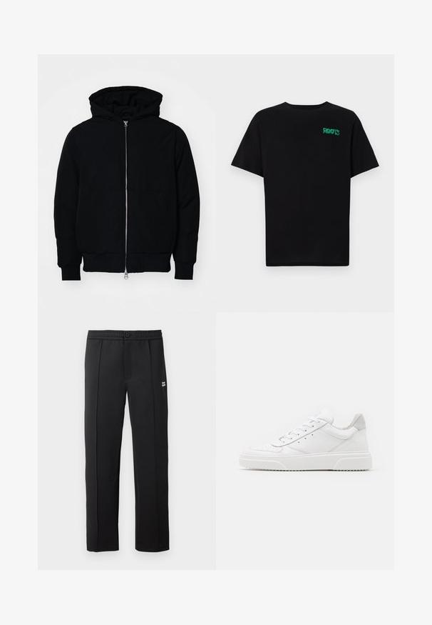 Melna kapucēta jaka ar priekšējo rāvējslēdzēju, kenguru kabatu, ribinātām aprocēm un apakšmalu, parādīta uz vienkārša balta fona.; Melna kokvilnas t-kreka ar īsām piedurknēm. Uz priekšu ir zaļa "ROOTS" logo, apaļa kakla izgriezums un standarta piegriezums.; Melnas bikses, kas izgatavotas no gludas auduma, ar pogu aizdari, sānu kabatām un mazu logo priekšā. Taisna kāju dizains.; Baltie ādas sporta apavi ar gludu virsmu, noapaļotu purngalu, plakaniem šņorēm un reljefa zoli. Pelēks zamšādas akcenti pie papēža.